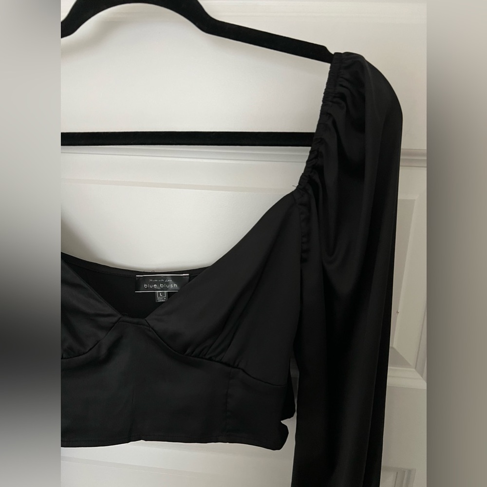 Black long sleeve silky Blue Blush crop top